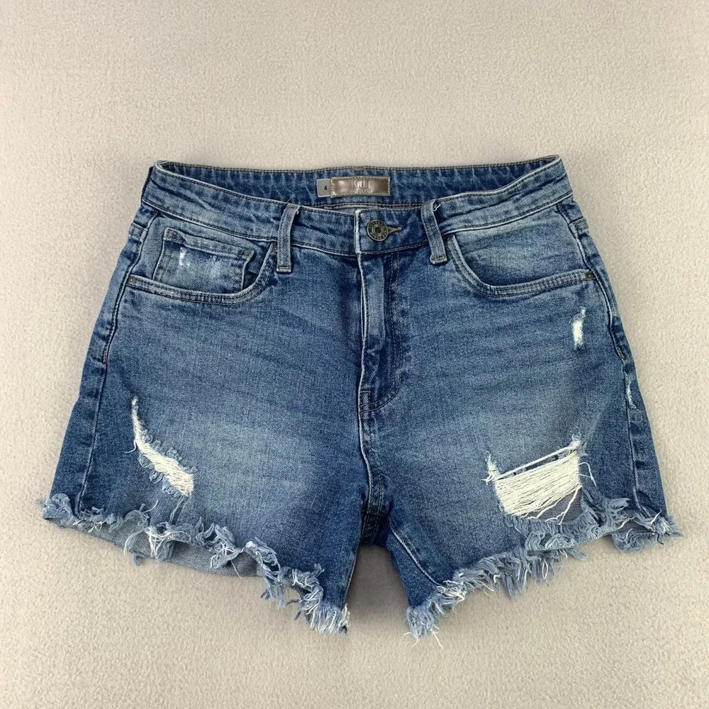Kut from the Kloth Jane Long Jean Shorts Womens 4 Blue Distressed Hi-Rise Denim